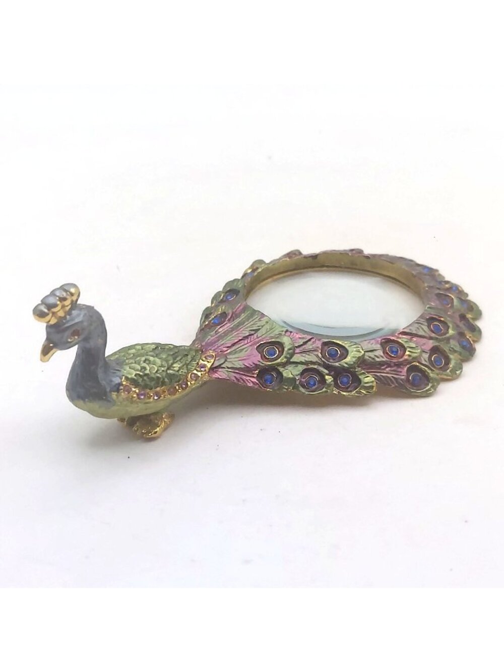 Peacock Magnifying Glass Hand Painted Enamel Jeweled Brass Vintage Victorian